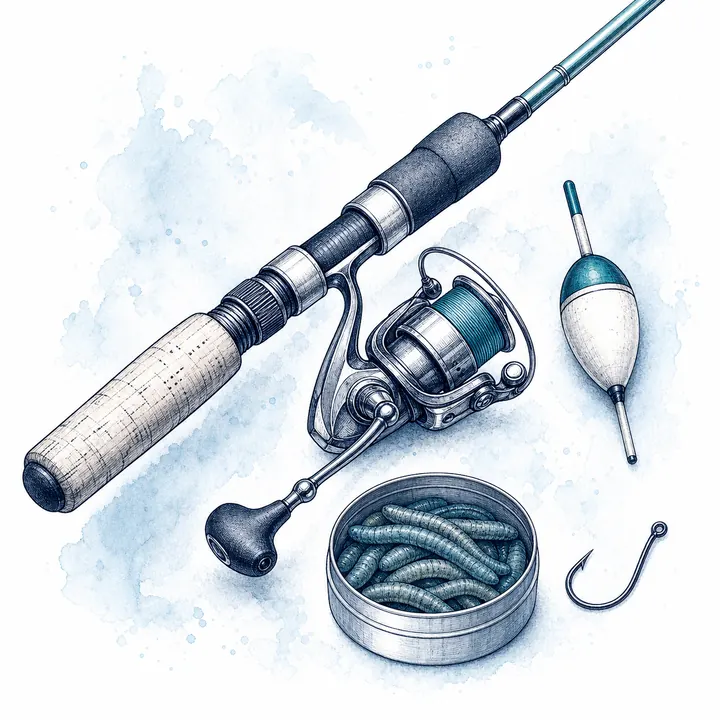 Original fishing rod, reel, bait, and bobber field-guide illustration